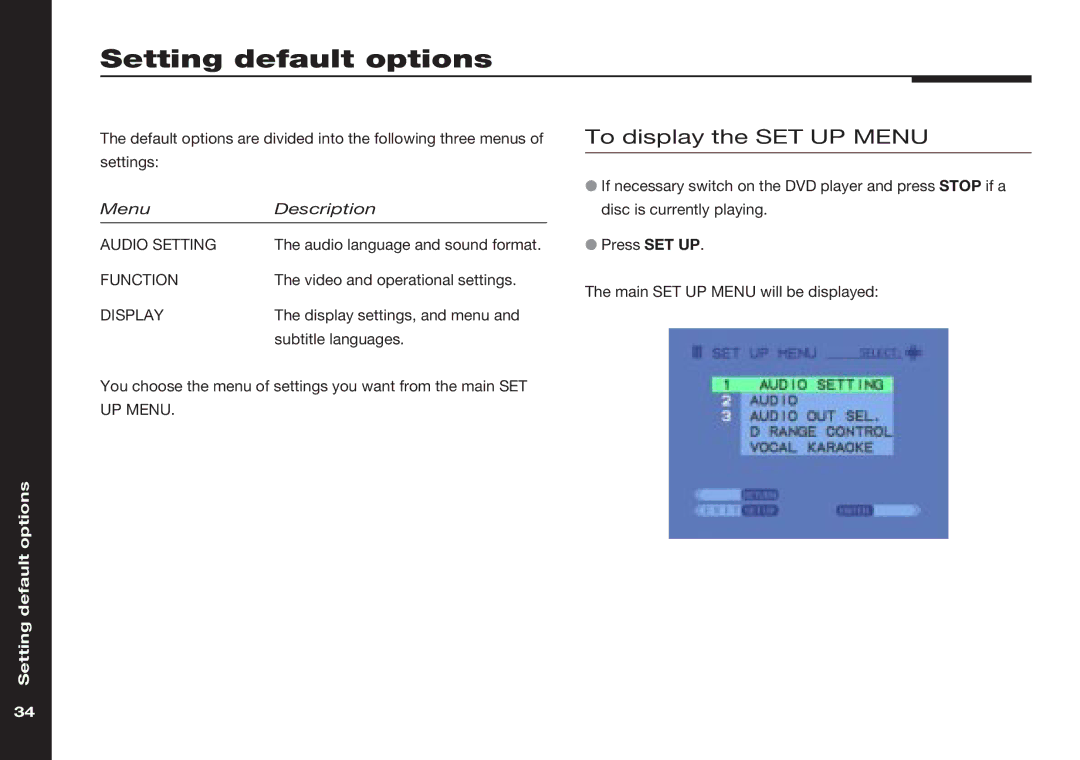 Meridian America 586 manual Setting default options, To display the SET UP Menu 