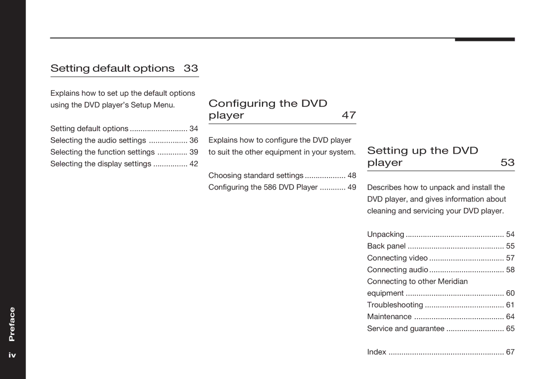 Meridian America 586 manual Setting default options, Configuring the DVD Player47, Setting up the DVD Player53 