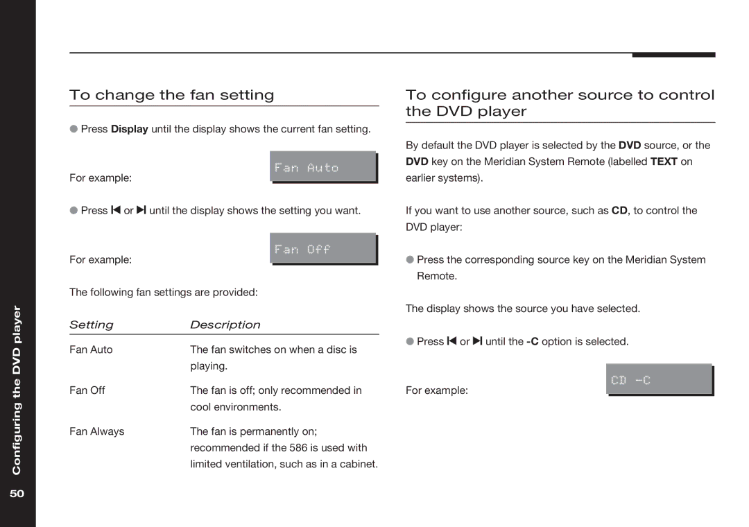 Meridian America 586 manual To change the fan setting, To configure another source to control the DVD player 