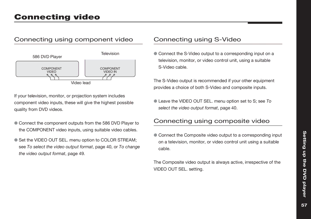 Meridian America 586 manual Connecting video, Connecting using component video, Connecting using S-Video 