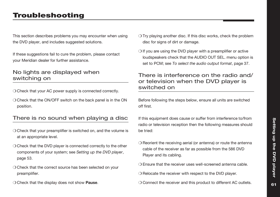 Meridian America 586 Troubleshooting, No lights are displayed when switching on, There is no sound when playing a disc 