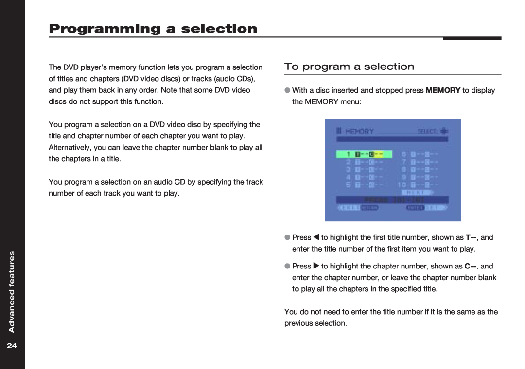Meridian America 586 manual Programming a selection, To program a selection, Advanced features 