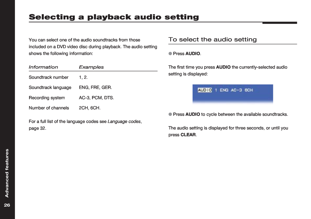 Meridian America 586 Selecting a playback audio setting, To select the audio setting, Information, Examples, Eng, Fre, Ger 