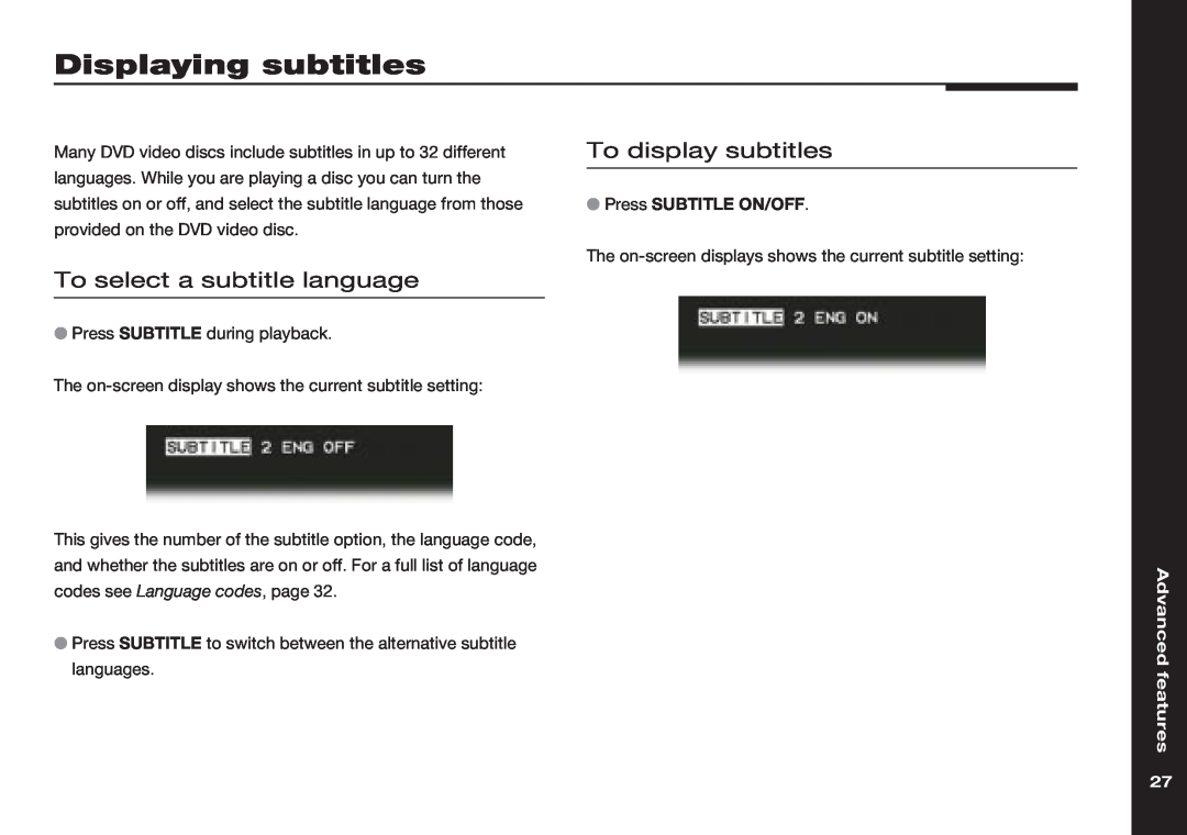 Meridian America 586 manual Displaying subtitles, To display subtitles, To select a subtitle language, Advanced features 