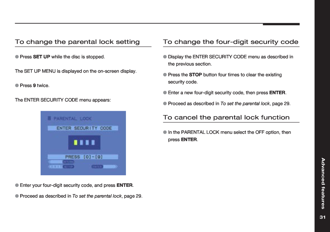 Meridian America 586 manual To change the parental lock setting, To change the four-digit security code, Advanced features 