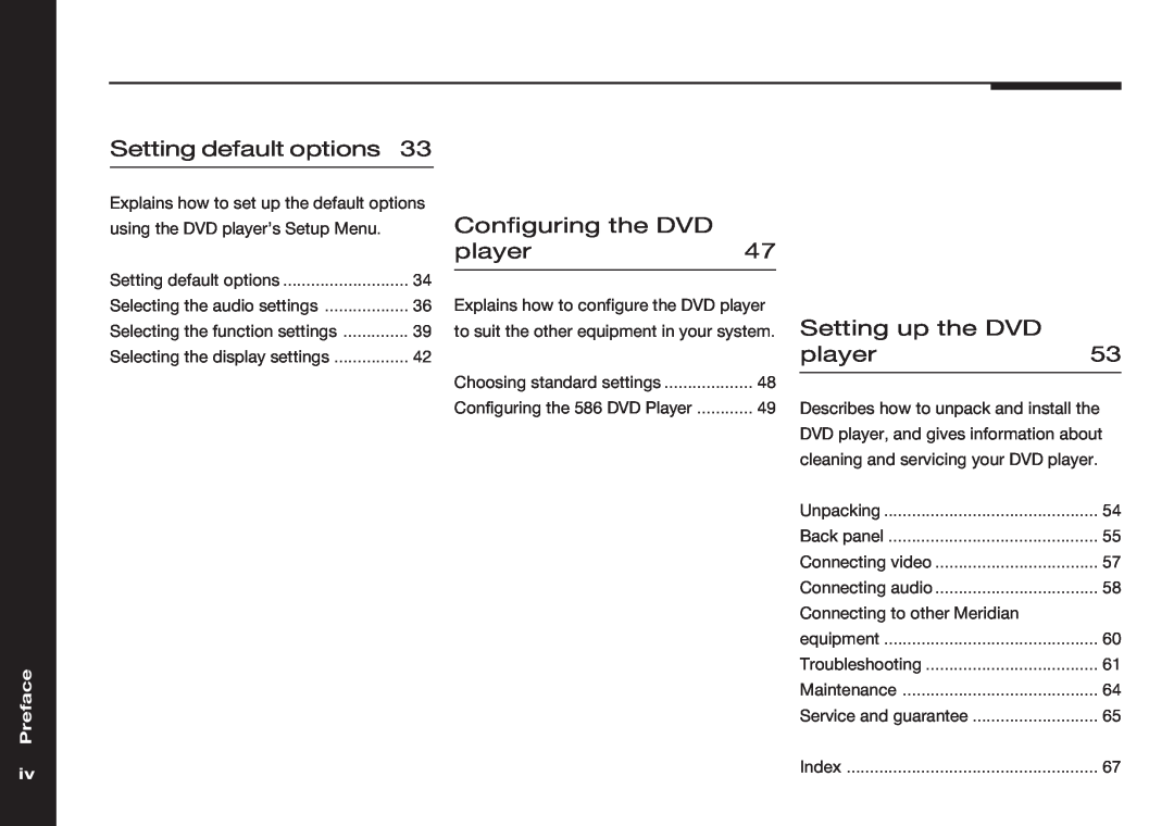 Meridian America 586 manual Setting default options, Configuring the DVD player47, Setting up the DVD player53, Preface 