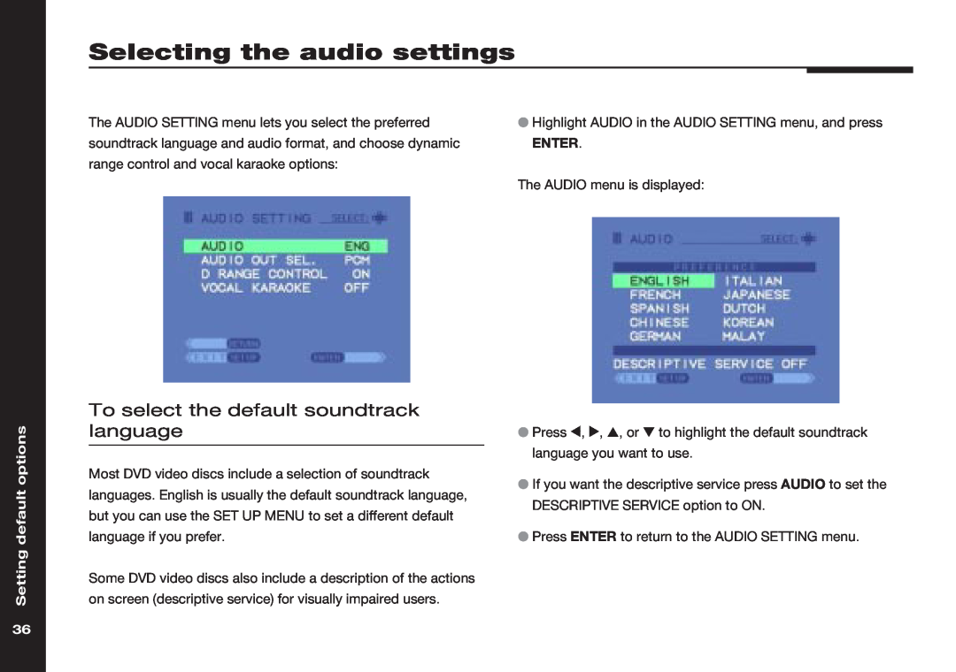 Meridian America 586 Selecting the audio settings, To select the default soundtrack language, options, Setting default 