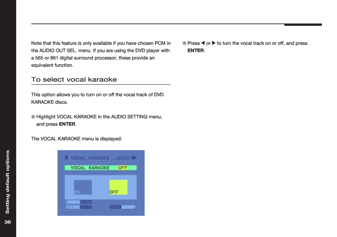 Meridian America 586 manual To select vocal karaoke, Setting default options 