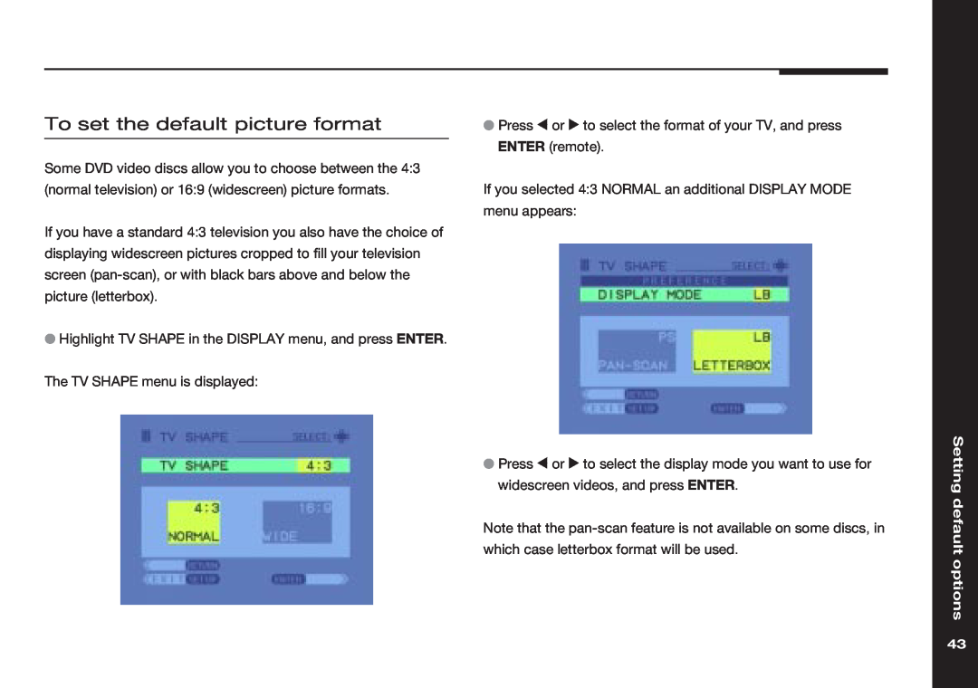 Meridian America 586 manual To set the default picture format, Setting default options 