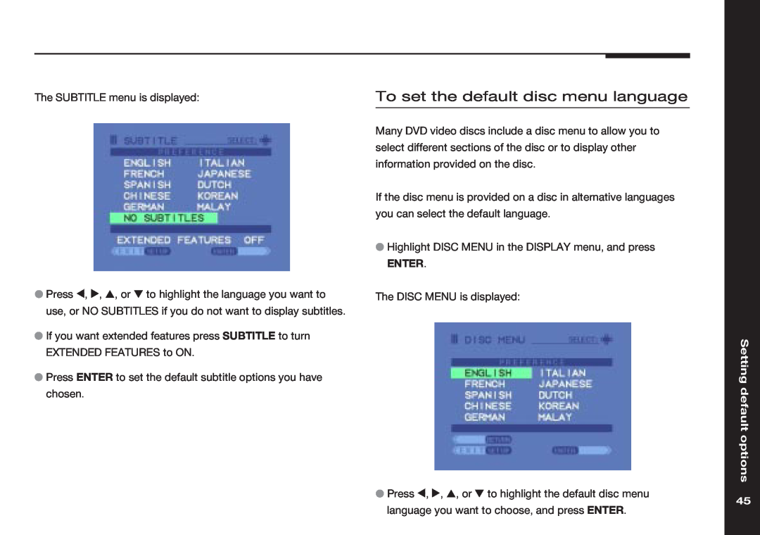 Meridian America 586 manual To set the default disc menu language, Setting default options 