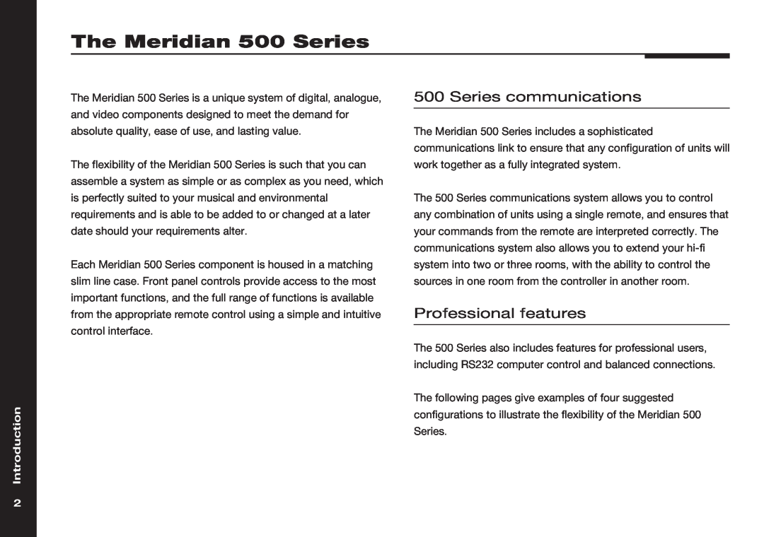 Meridian America 586 manual The Meridian 500 Series, Series communications, Professional features, Introduction 
