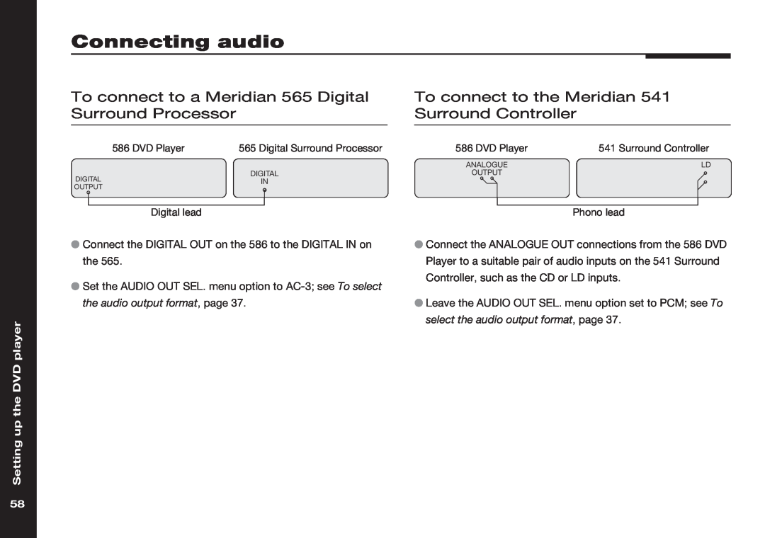 Meridian America 586 Connecting audio, To connect to a Meridian 565 Digital Surround Processor, Setting up the DVD player 
