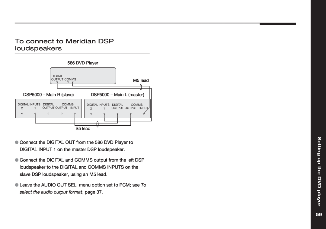 Meridian America 586 manual To connect to Meridian DSP loudspeakers, Setting up the DVD player 