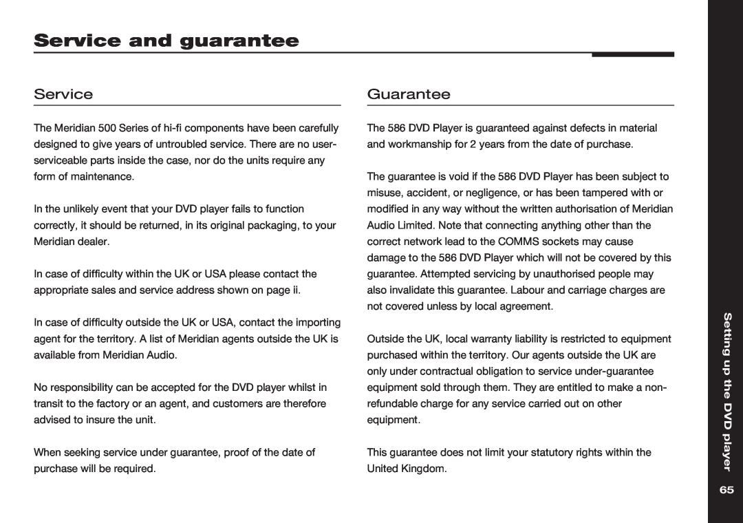 Meridian America 586 manual Service and guarantee, Guarantee, Setting up the DVD player 