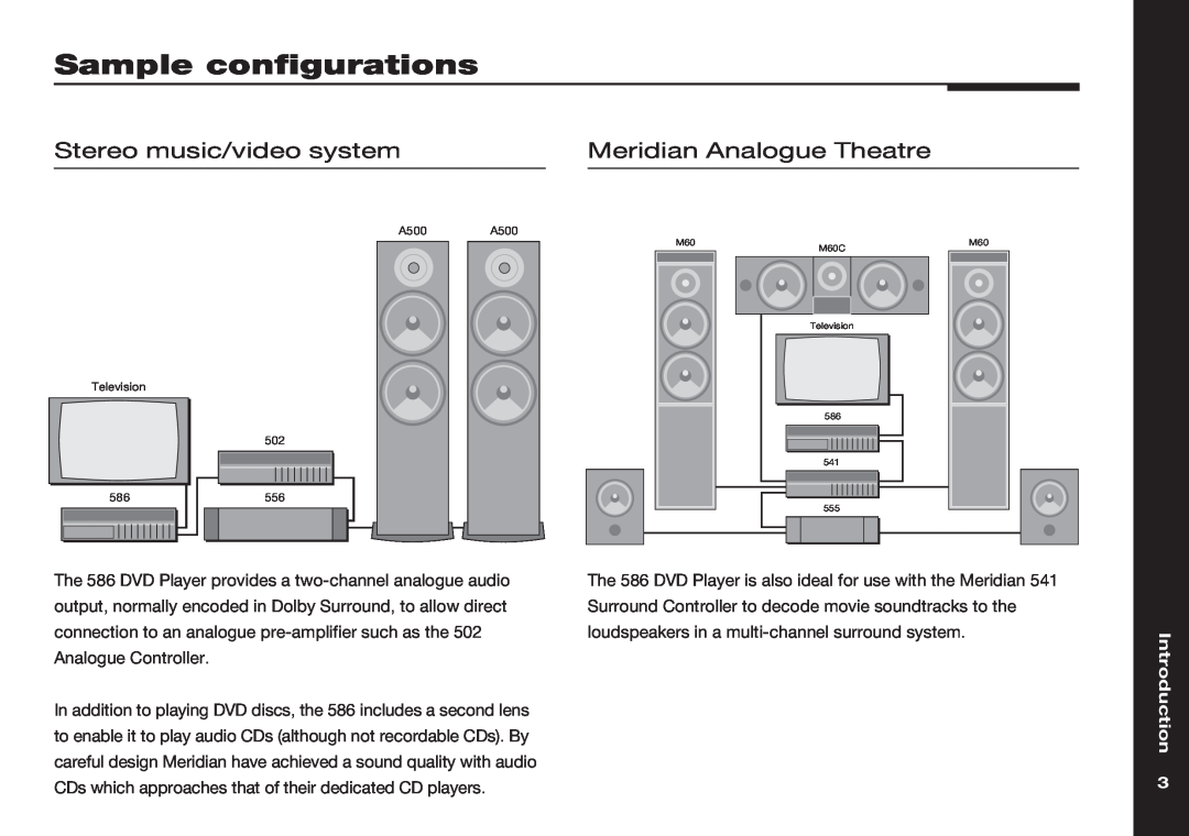 Meridian America 586 manual Sample configurations, Stereo music/video system, Meridian Analogue Theatre, Introduction 