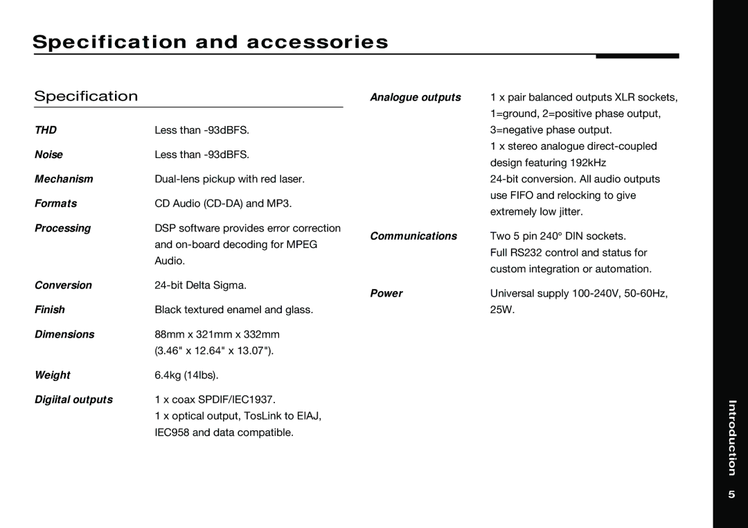 Meridian America 588 manual Specification and accessories 