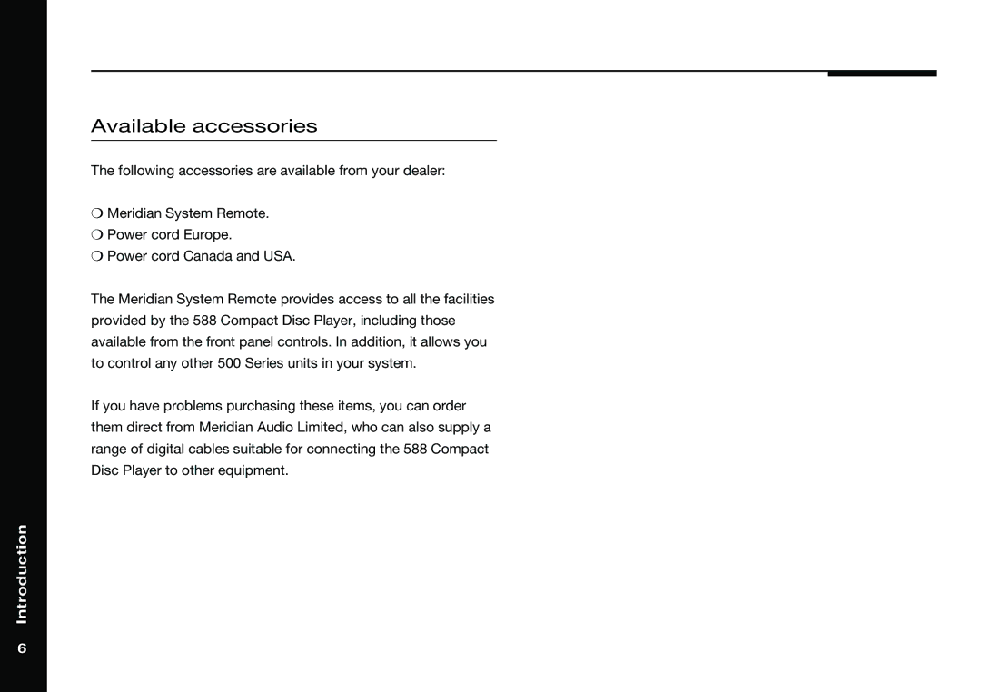 Meridian America 588 manual Available accessories 