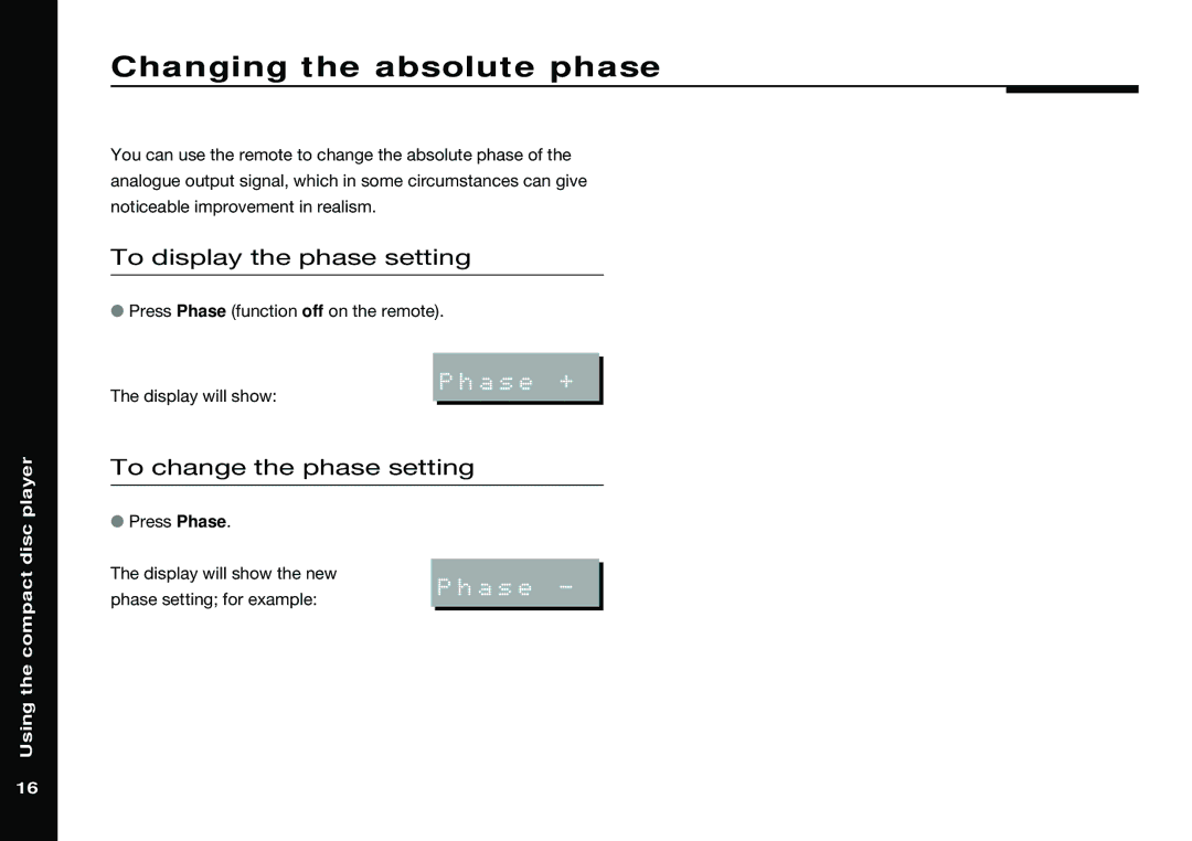 Meridian America 588 manual Changing the absolute phase, To display the phase setting, To change the phase setting 