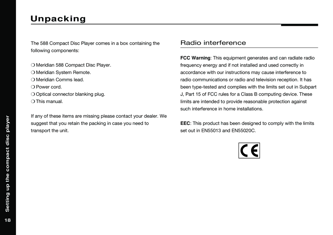 Meridian America 588 manual Unpacking, Radio interference 