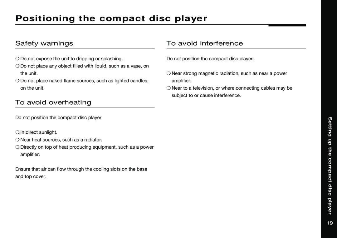 Meridian America 588 Positioning the compact disc player, Safety warnings, To avoid interference, To avoid overheating 