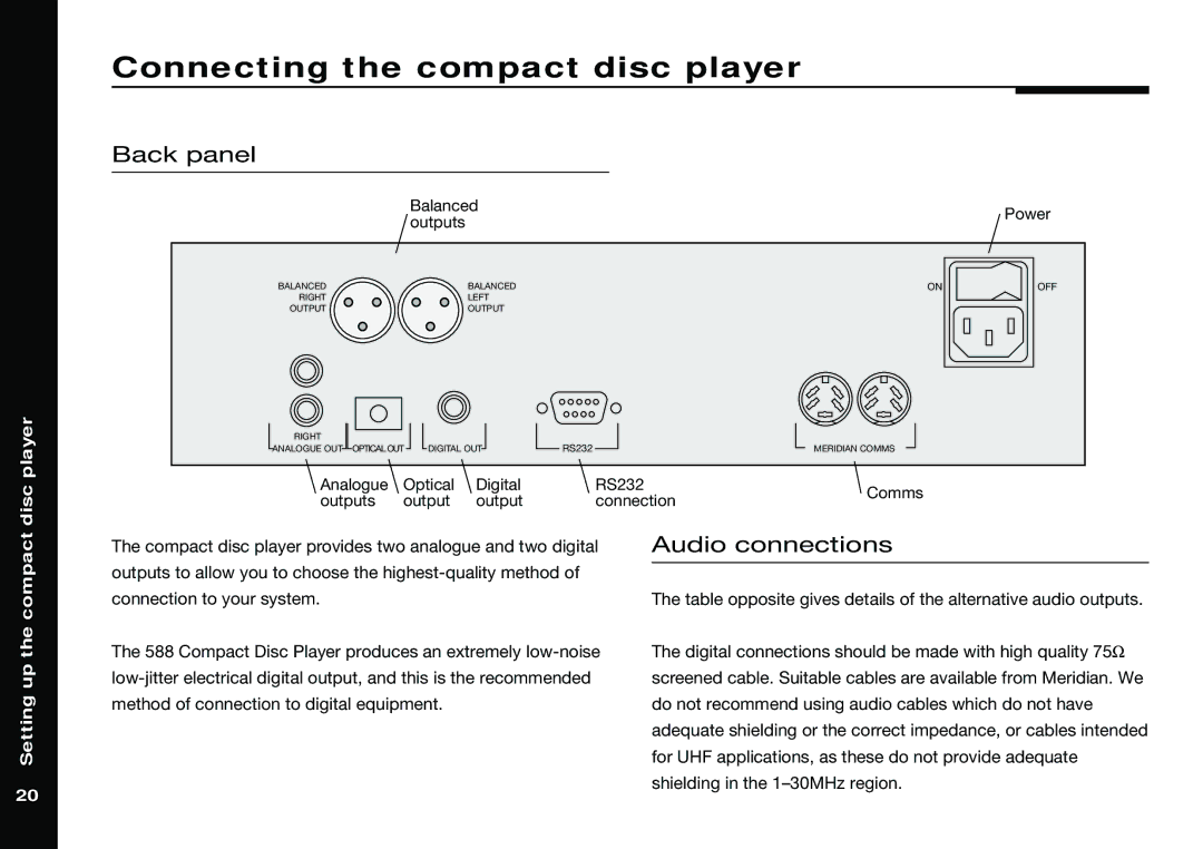 Meridian America 588 manual Connecting the compact disc player, Back panel, Audio connections 