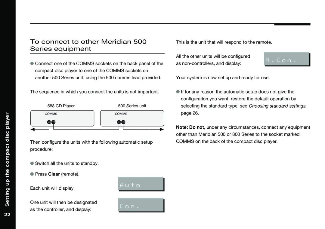 Meridian America 588 manual To connect to other Meridian 500 Series equipment, Up the compact disc player 