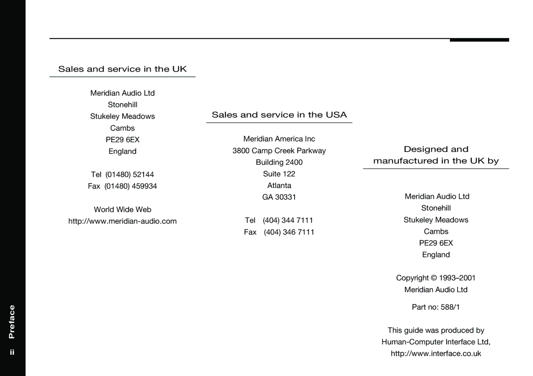 Meridian America 588 manual Sales and service in the UK 