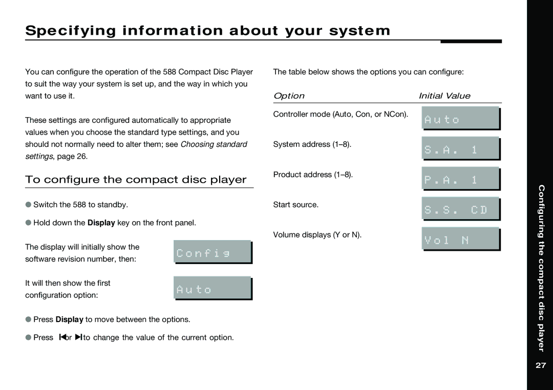 Meridian America 588 manual Specifying information about your system, To configure the compact disc player 