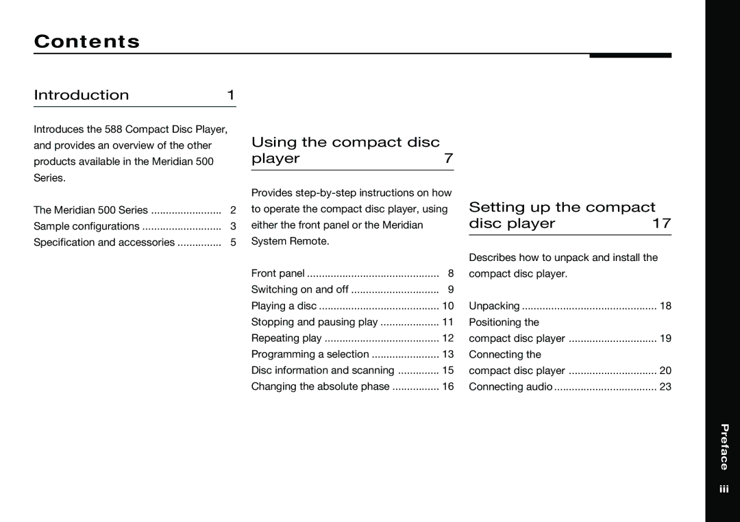 Meridian America 588 manual Contents 