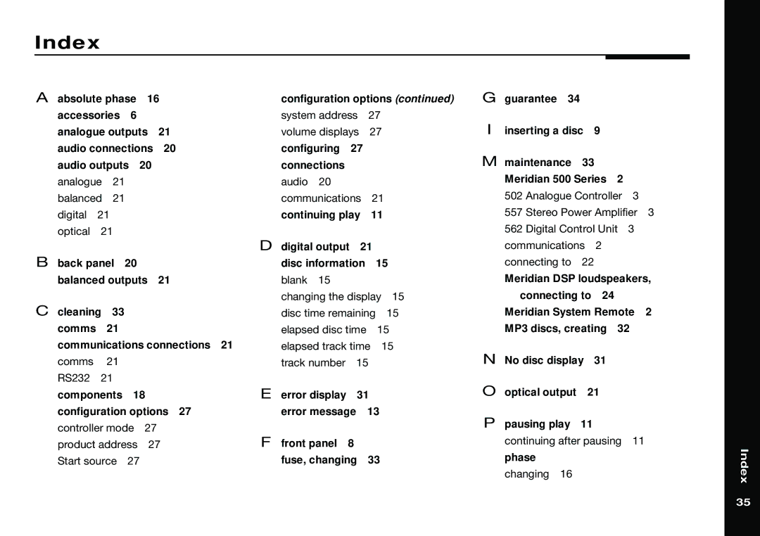 Meridian America 588 manual Index, Continuing play Digital output 21 disc information 