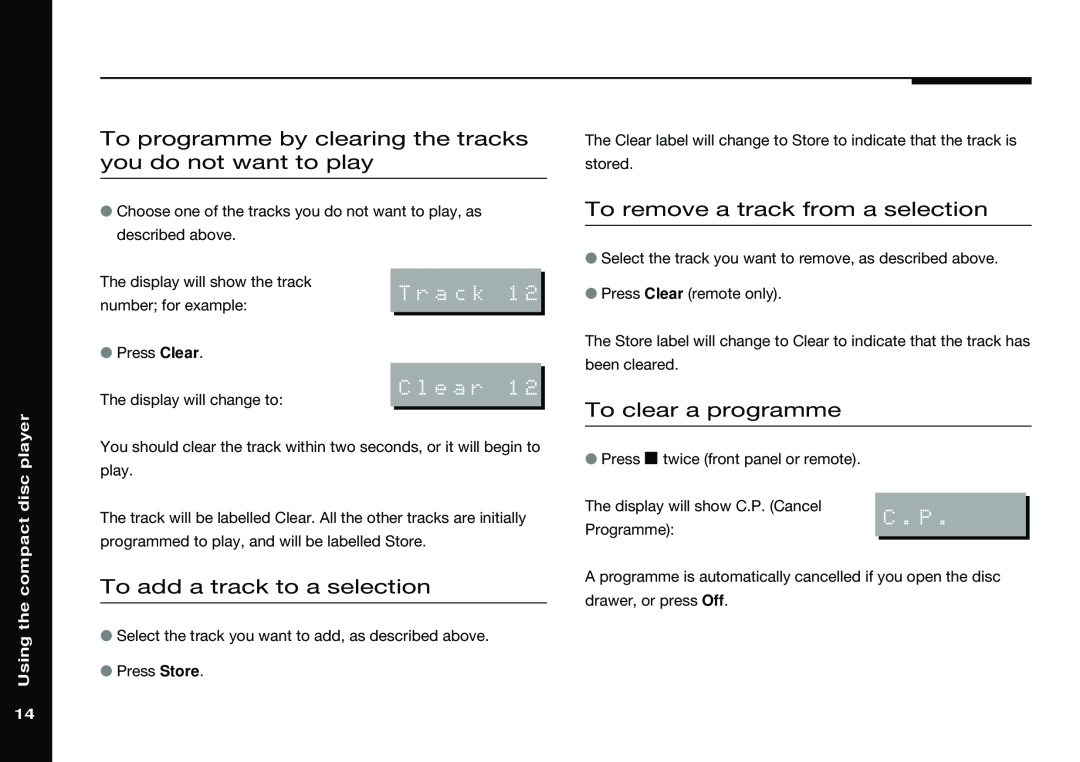 Meridian America 588 To remove a track from a selection, To clear a programme, To add a track to a selection, Clear, Track 