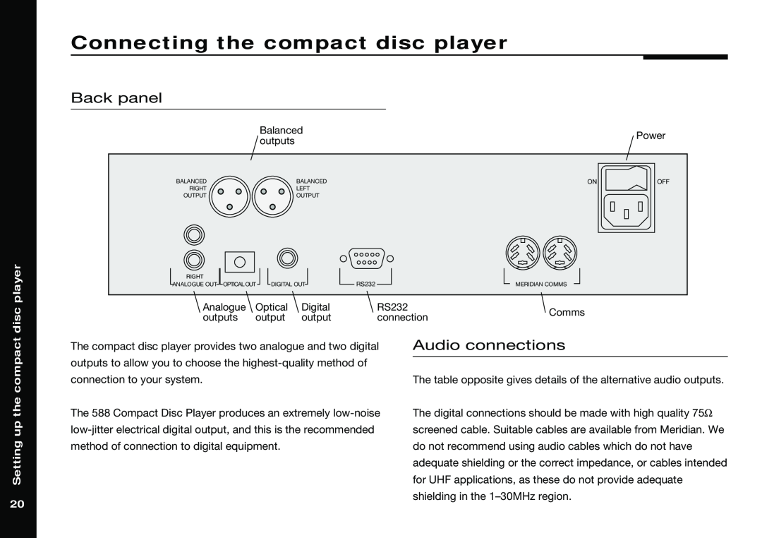 Meridian America 588 manual Connecting the compact disc player, Back panel, Audio connections, Setting up the compact 