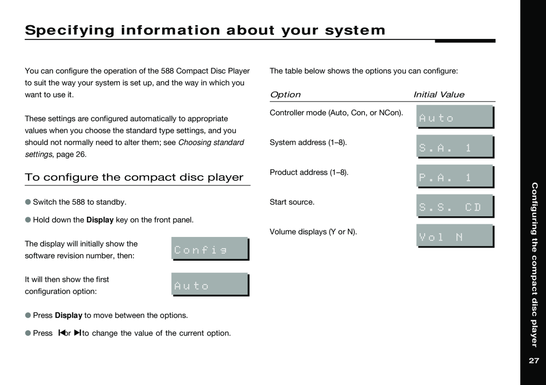 Meridian America 588 Specifying information about your system, To configure the compact disc player, S.A, P.A, S.S. Cd 