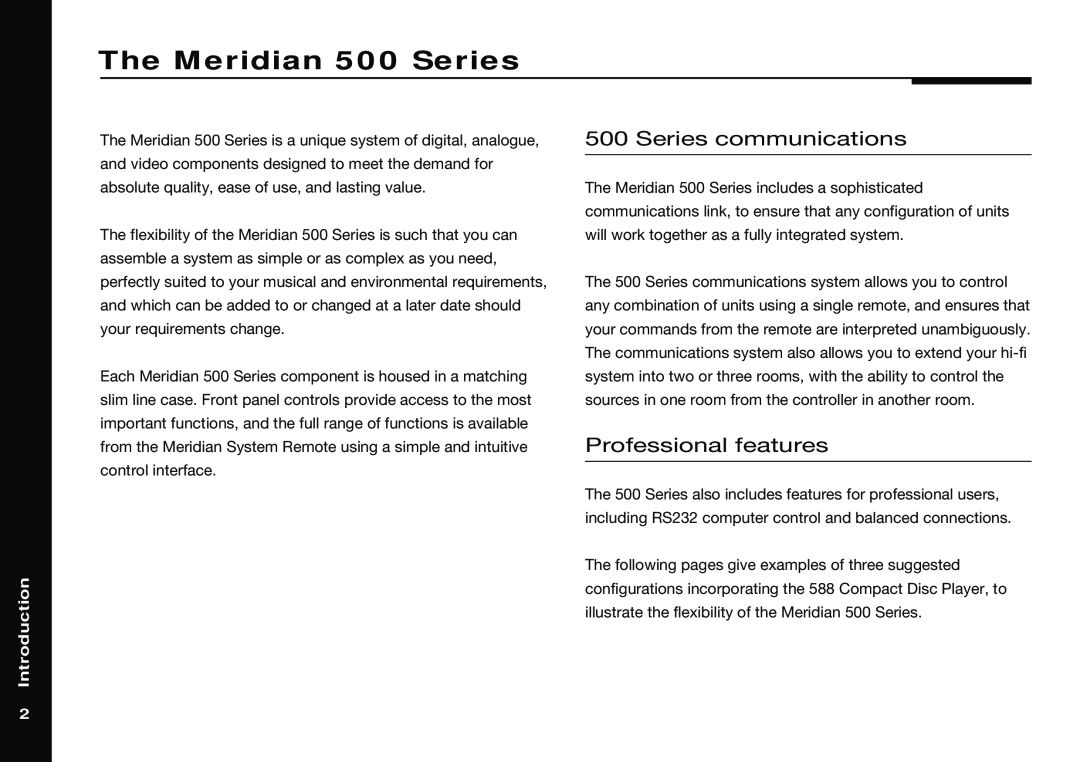 Meridian America 588 manual The Meridian 500 Series, Series communications, Professional features, Introduction 