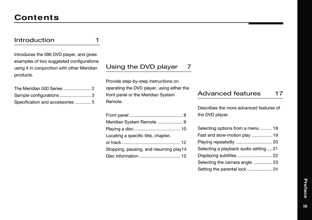 Meridian America 596 manual Contents 