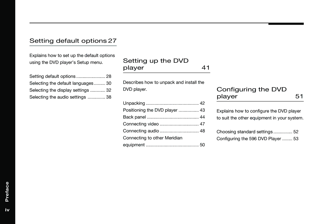 Meridian America 596 manual Setting default options, Setting up the DVD Player41, Configuring the DVD Player51 