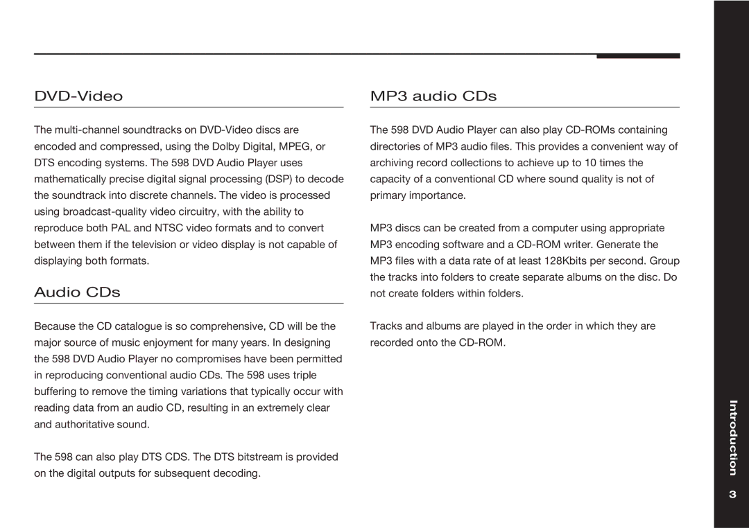 Meridian America 598 manual DVD-Video, Audio CDs, MP3 audio CDs 