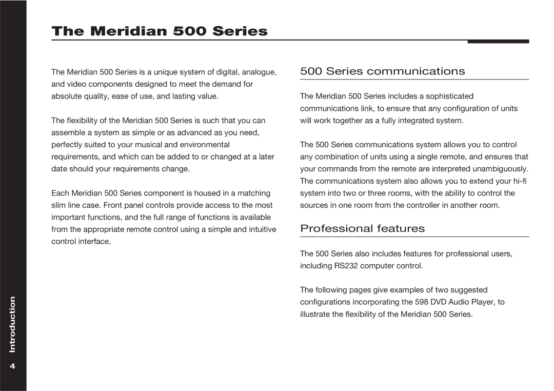 Meridian America 598 manual Meridian 500 Series, Series communications, Professional features 