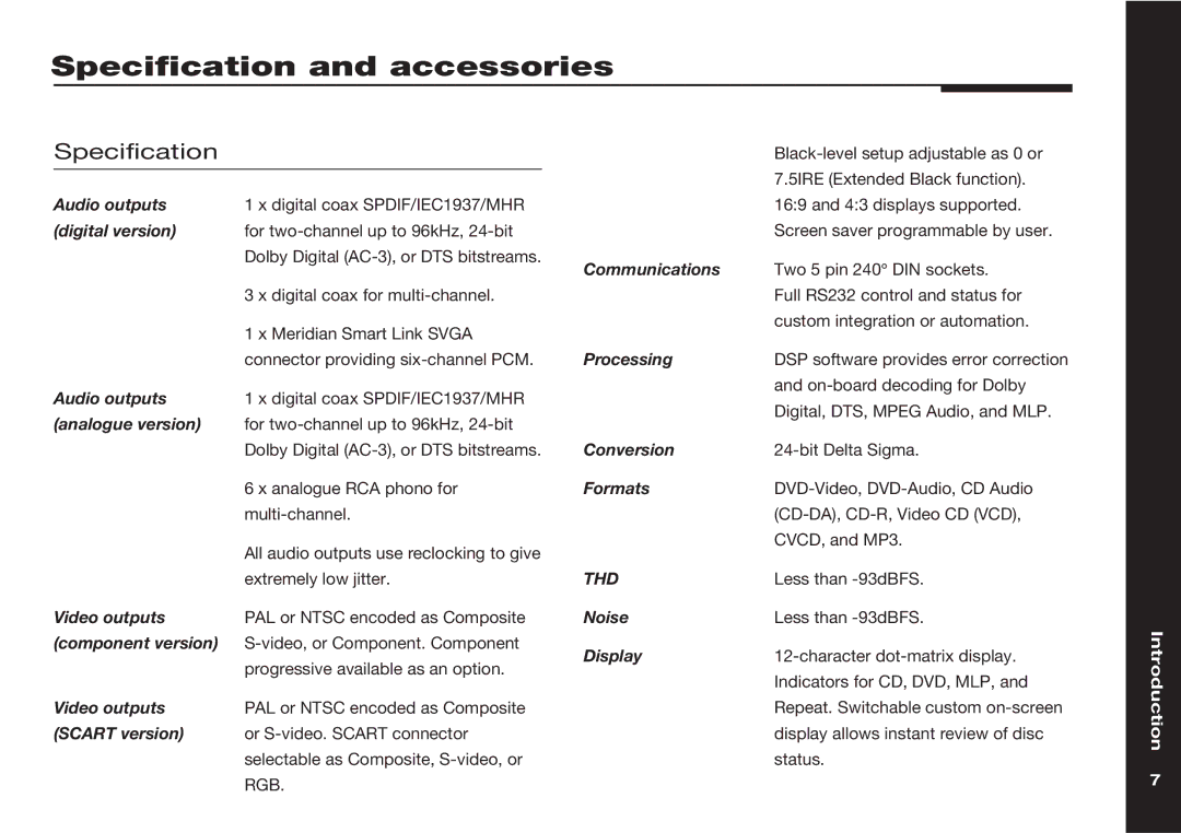 Meridian America 598 manual Specification and accessories 