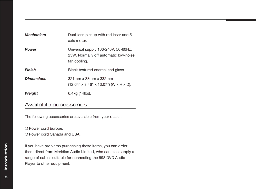 Meridian America 598 manual Available accessories 