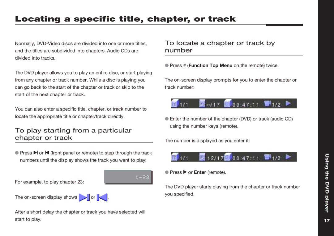 Meridian America 598 Locating a specific title, chapter, or track, To play starting from a particular chapter or track 