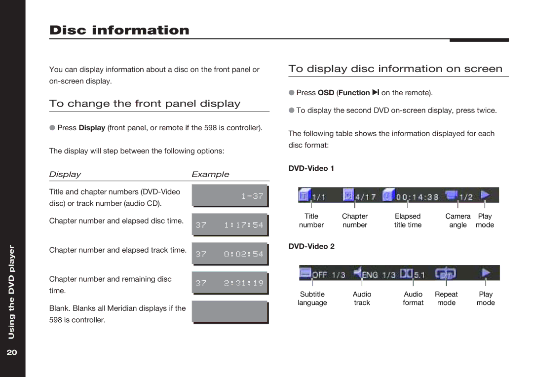 Meridian America 598 manual Disc information, To change the front panel display, To display disc information on screen 