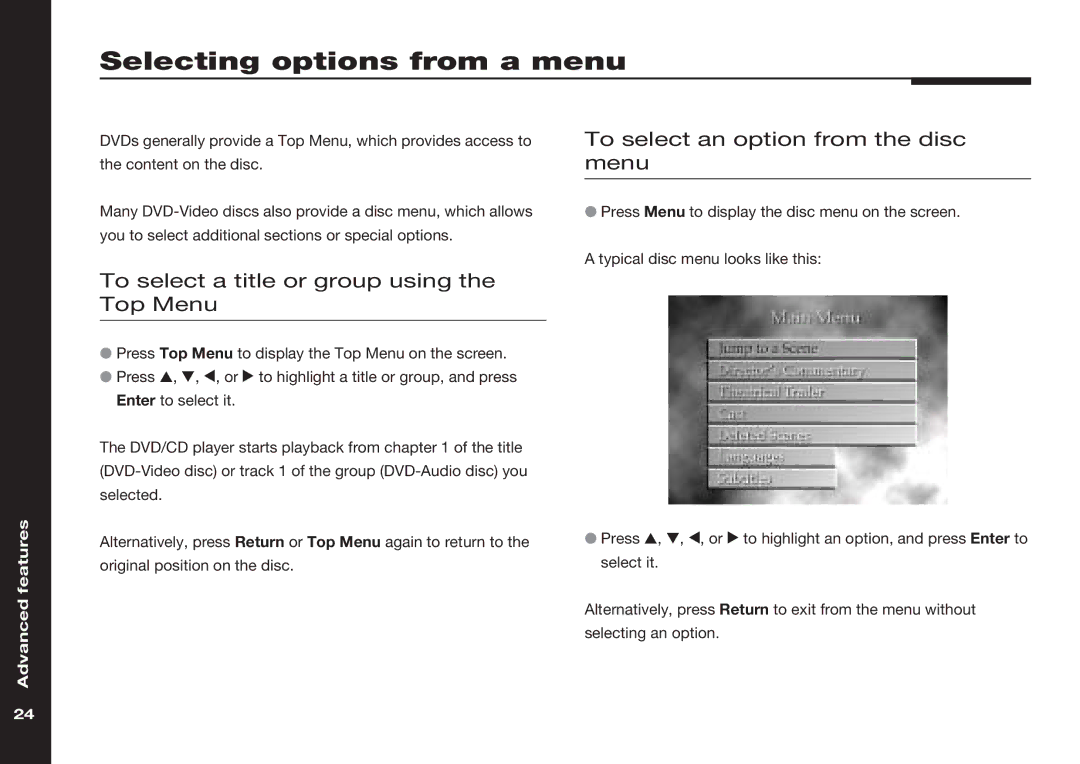 Meridian America 598 manual Selecting options from a menu, To select an option from the disc, Menu 