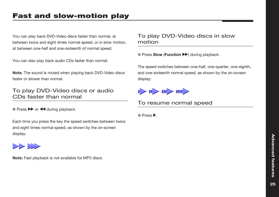 Meridian America 598 manual Fast and slow-motion play, To play DVD-Video discs in slow motion 