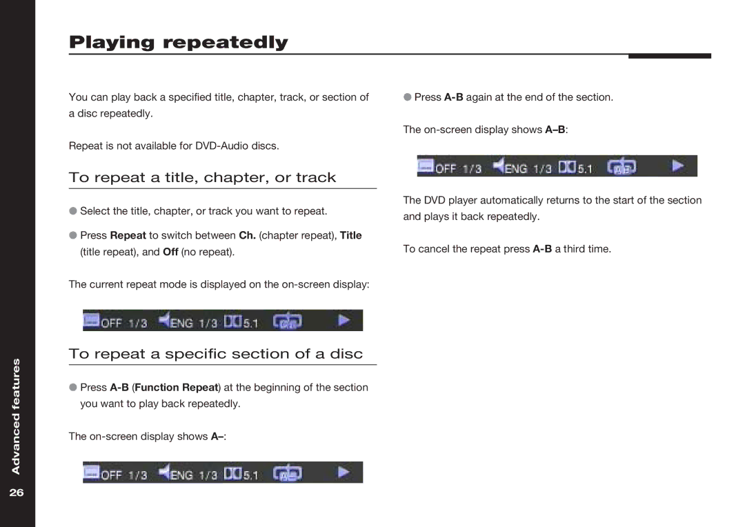 Meridian America 598 Playing repeatedly, To repeat a title, chapter, or track, To repeat a specific section of a disc 