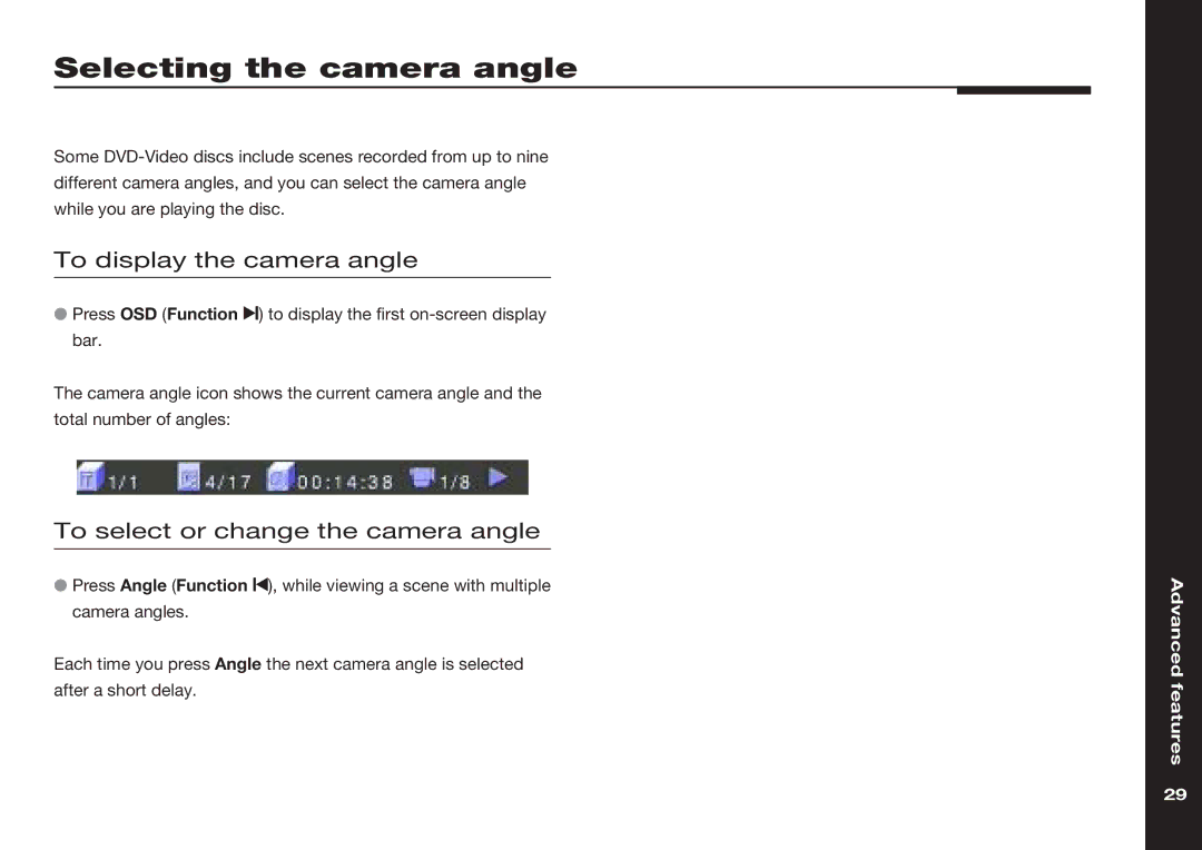 Meridian America 598 manual Selecting the camera angle, To display the camera angle, To select or change the camera angle 