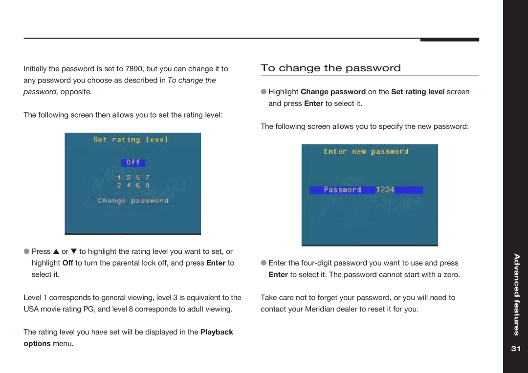 Meridian America 598 manual To change the password 