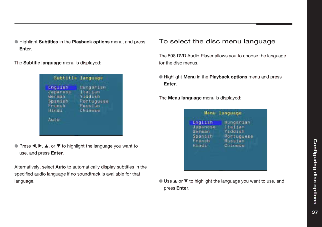 Meridian America 598 manual To select the disc menu language 