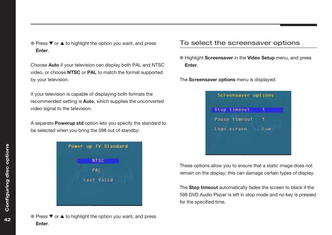 Meridian America 598 manual To select the screensaver options 