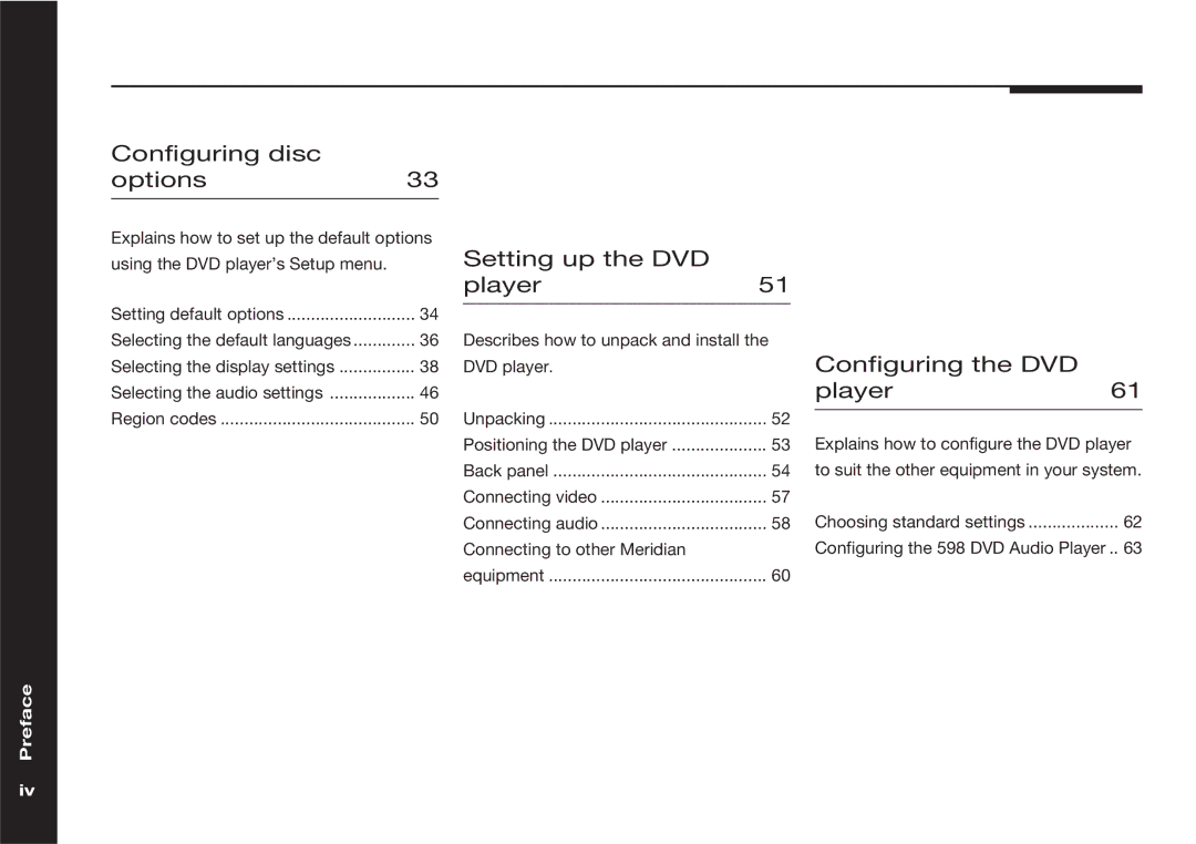 Meridian America 598 manual Configuring disc Options33, Setting up the DVD Player51, Configuring the DVD Player61 